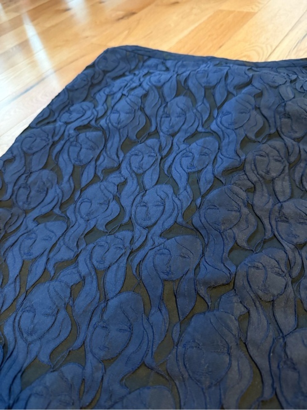 By Malene Birger Navy Blue Face Pattern Organza Pencil Skirt Sheer Jacquard Mod
